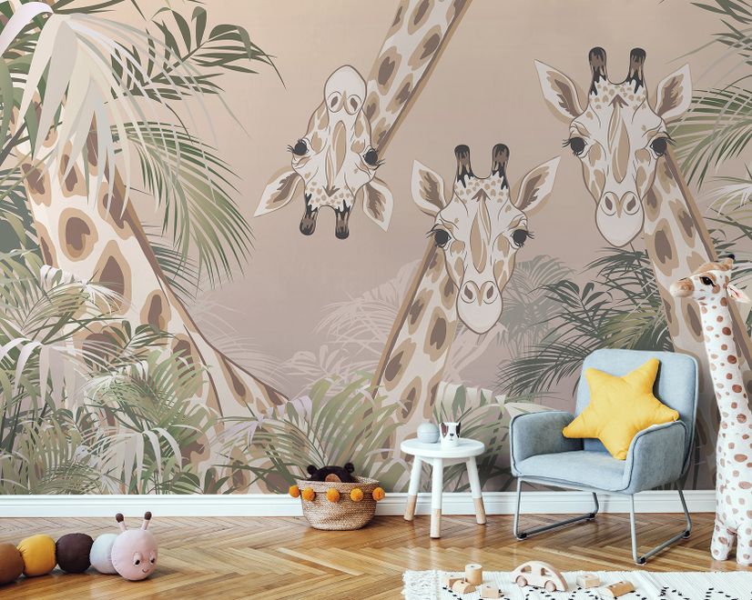 Cute Giraffes Between Tropical Leaves Wallpaper Mural