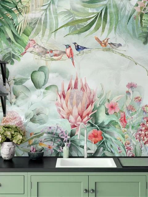 Colorful Tropical Exotic Cactus Floral with Little Birds Wallpaper Mural