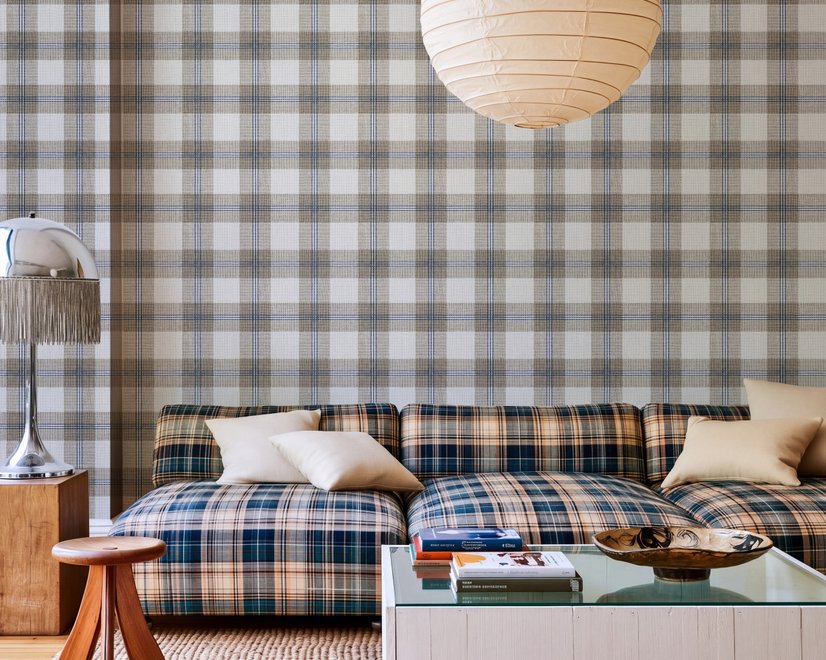 Beige, oat and cream-white plaid wallpaper with fine navy-blue stripes and printed linen texture
