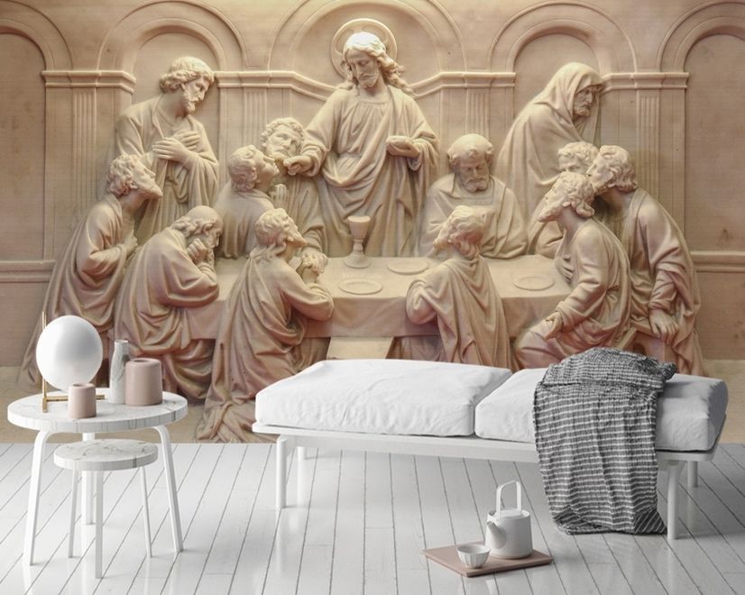 3D-Relief-Look Zement Religiöse Skulptur Fototapete
