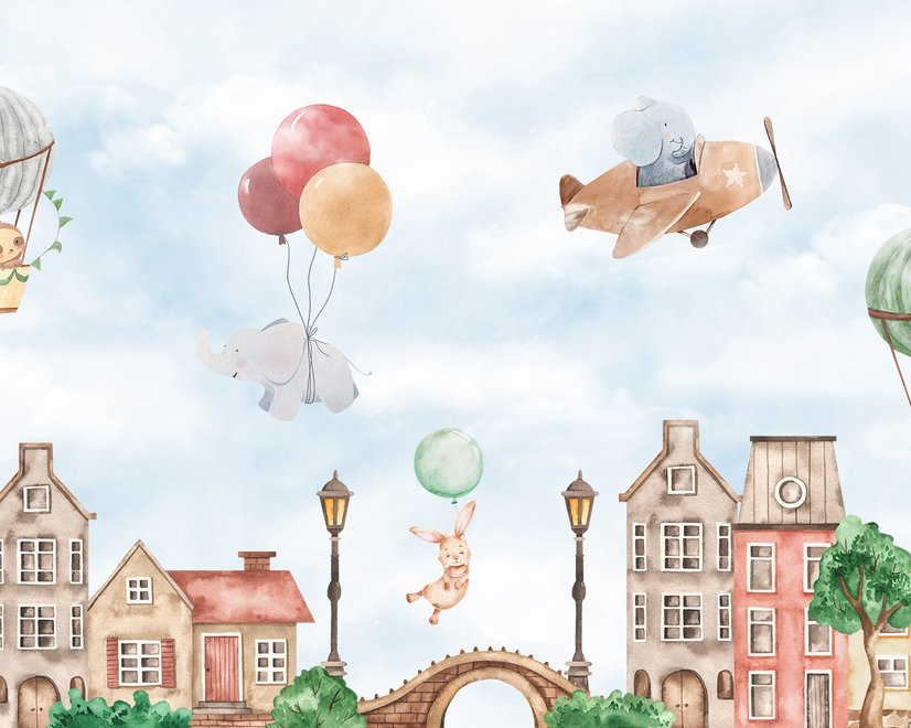 Aquarell Niedliche Häuser mit Fliegenden Tieren Fototapete für Kinder