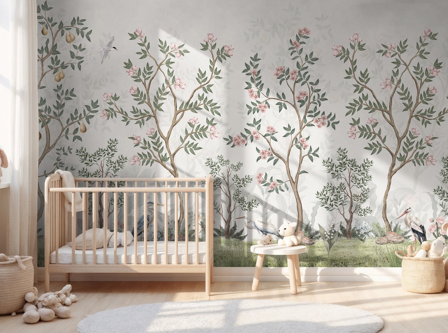 Chinoiserie Garden Trees And Birds Landscape Wallpaper Mural - Peel and Stick
