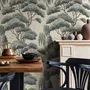 Vintage Japanese tree nature wallpaper with blue-grey canopies, willow foliage, birds and ivory-cream ground