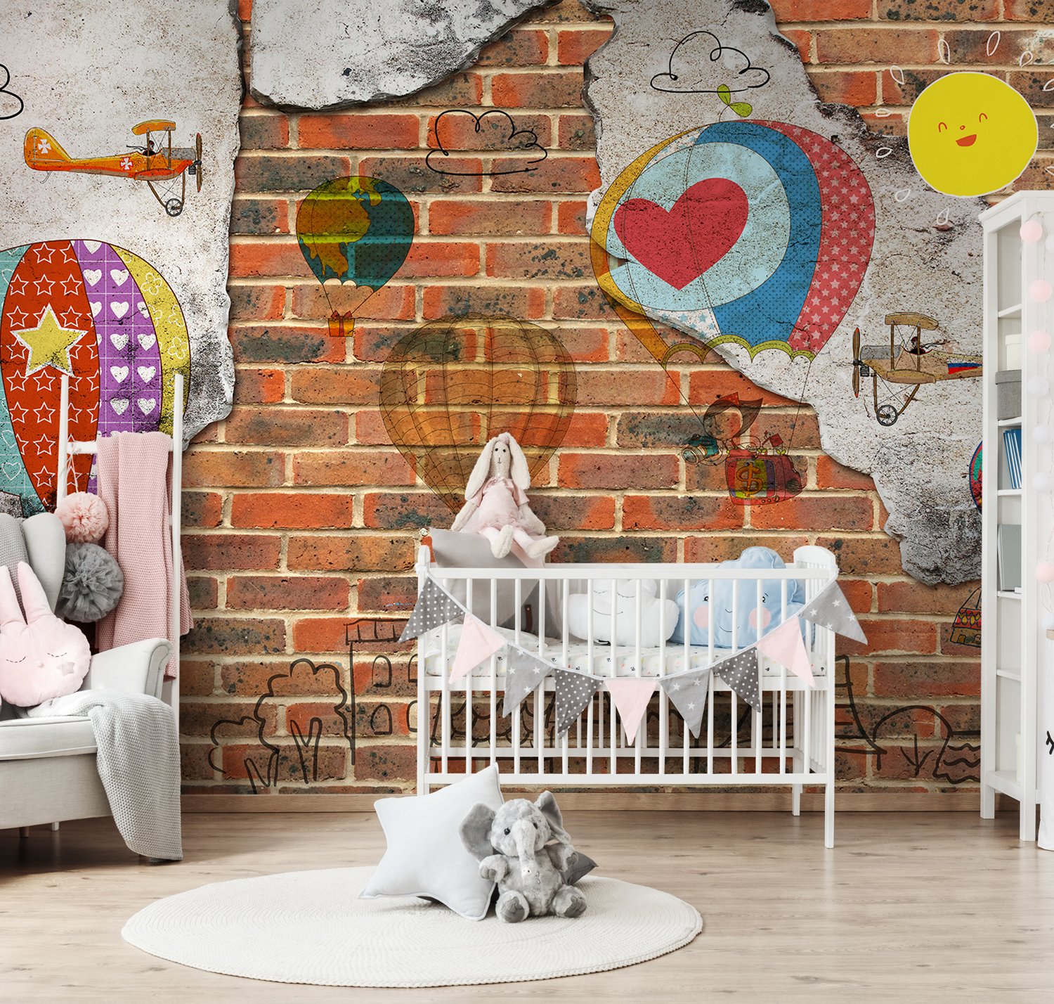 Hot Air Balloon with Young People on Brick Wallpaper Mural - Peel and Stick