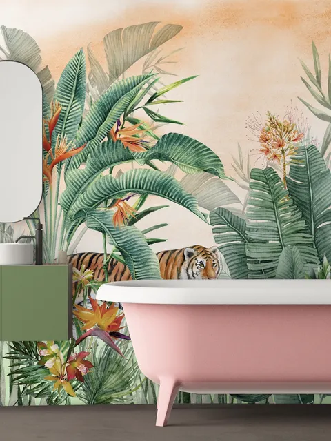 Tiger and Tropical Leaves Wallpaper Mural