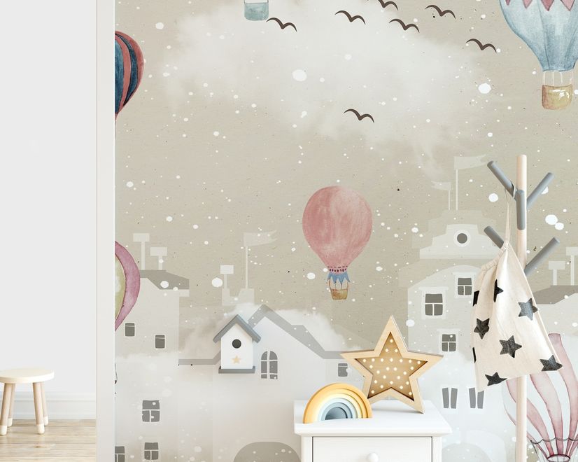 Kids Nursery Cartoon Winter and Little Hot Air Balloon Wallpaper Mural