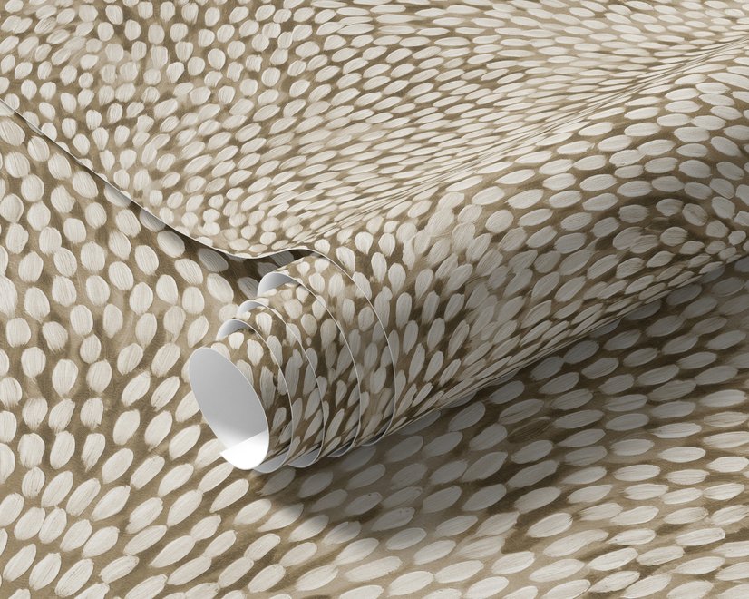 Abstract taupe and greige wallpaper with creamy white oval brush marks in flowing currents