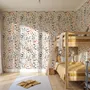 Watercolour floral wallpaper repeat with navy, blue, blush and peach wildflowers on warm cream