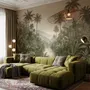 Misty tropical forest wallpaper with palms, pale river and hazy hills in muted green sepia