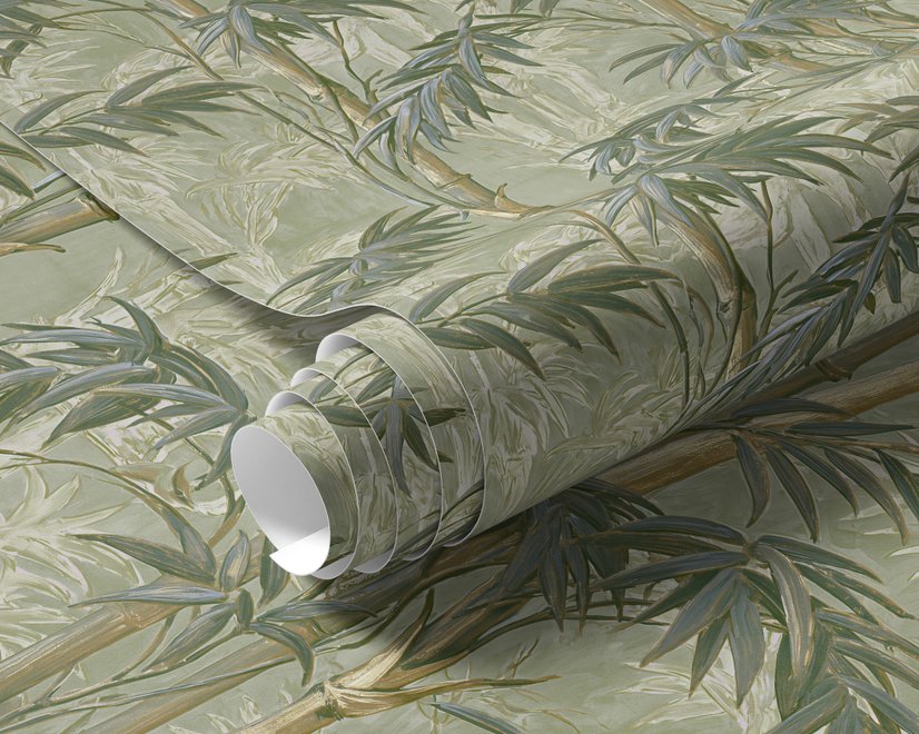 Light green and blue wallpaper with painted sage bamboo canes, olive leaves and pale celadon foliage ground