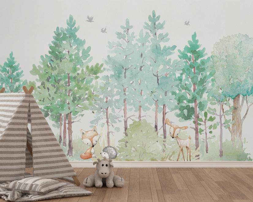 Watercolor Green Forest and Cute Fox,Hedhehog and Elk Wallpaper Mural