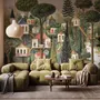 Architectural design wallpaper mural of forest treehouses, rivers, boats and small figures in green watercolour