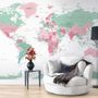 Papier peint panoramique rose et vert de la carte du monde politique