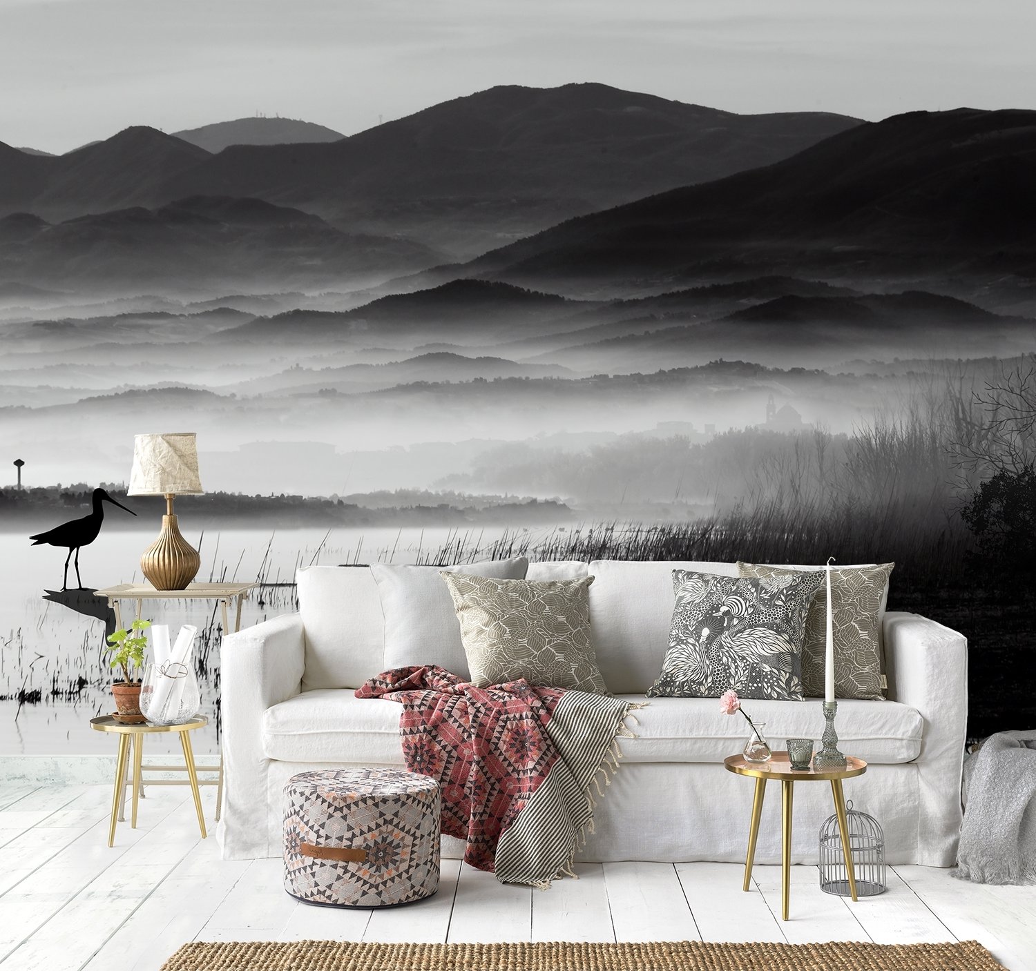 Monochrome Dark Lake Landscape Wallpaper Mural - Peel and Stick