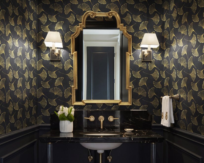 Black wallpaper with antique metallic gold ginkgo leaves on a mottled charcoal ground