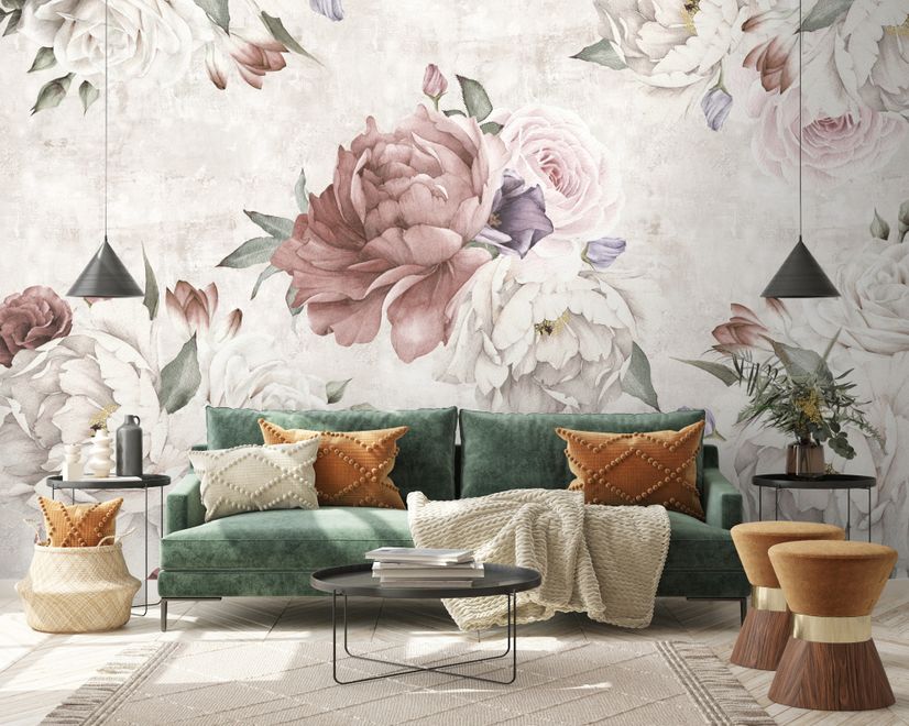 Papier peint floral à motif de pivoines douces