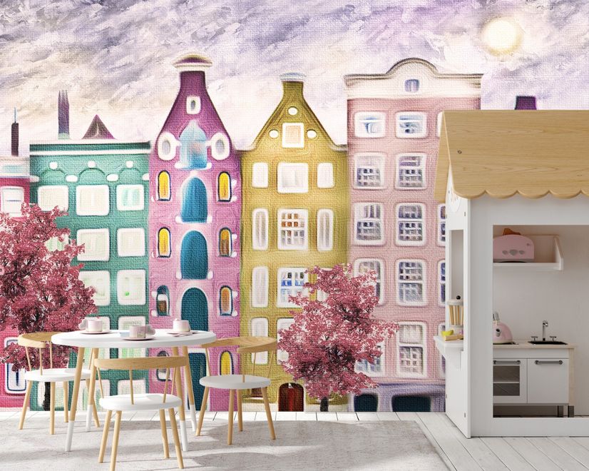 Dutch Style Colorful Houses and Red Trees Wallpaper Mural for Kids
