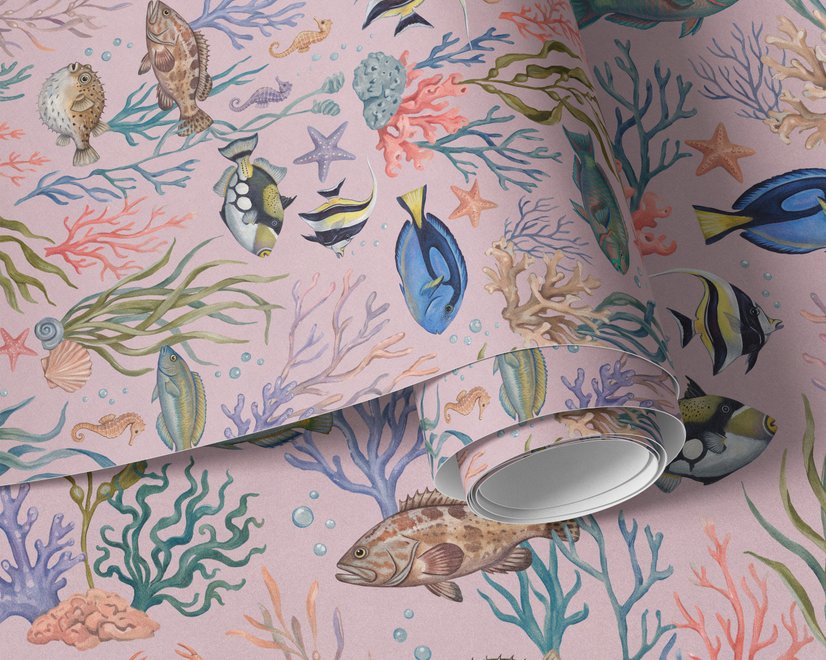 Cute pink seashell wallpaper with watercolour reef fish, coral, seaweed, starfish and shells on blush pink