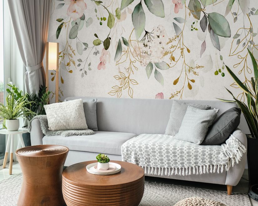 Watercolor Soft Floral with Green Leaves Wall Mural