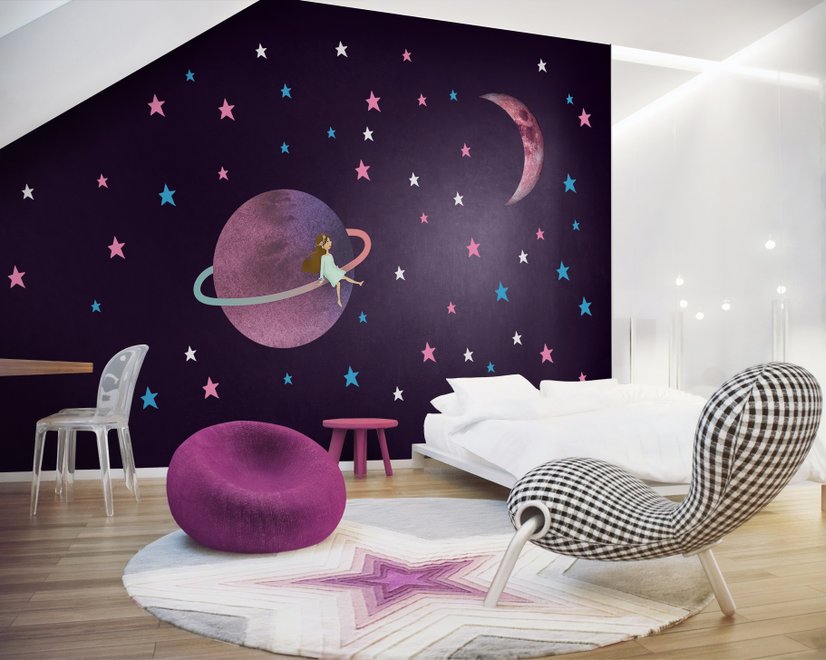 Colorful Space with Cute Little Girl on the Saturn Rings and Pink Moon Wall Decal Sticker