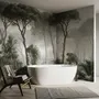 Forest in fog wallpaper with tall pine trees, grey mist, shrubs and a spiky palm in watercolour.