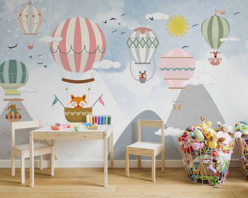 Kids Cartoon Mountain Landscape and Hot Air Balloon Wallpaper Mural
