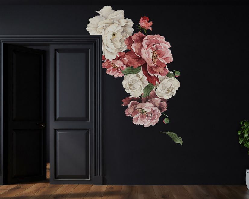 Vintage Red White Peony and Rose Floral Bouqets Wall Decal Sticker