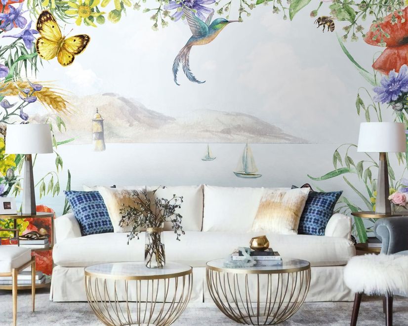Sea View with Garden Flowers Wallpaper Mural