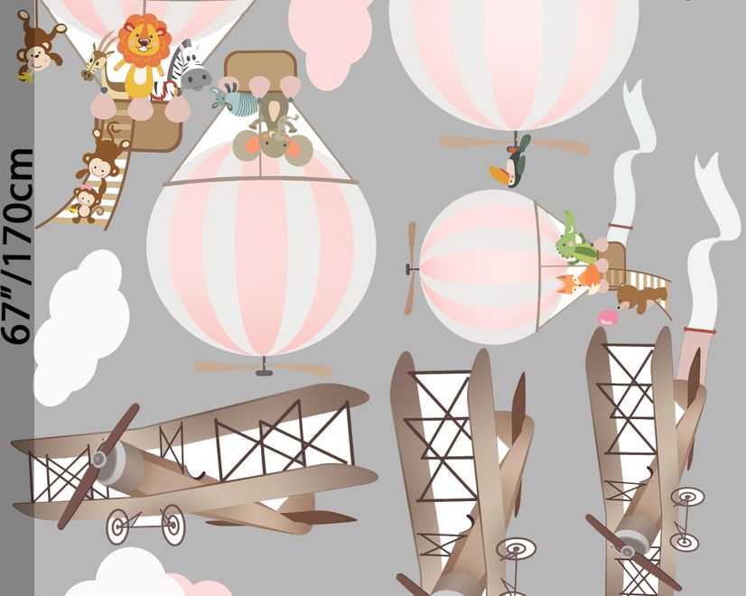 Kinder Rosa Heißluftballon und Braunes Flugzeug mit Wolken Wandtattoo