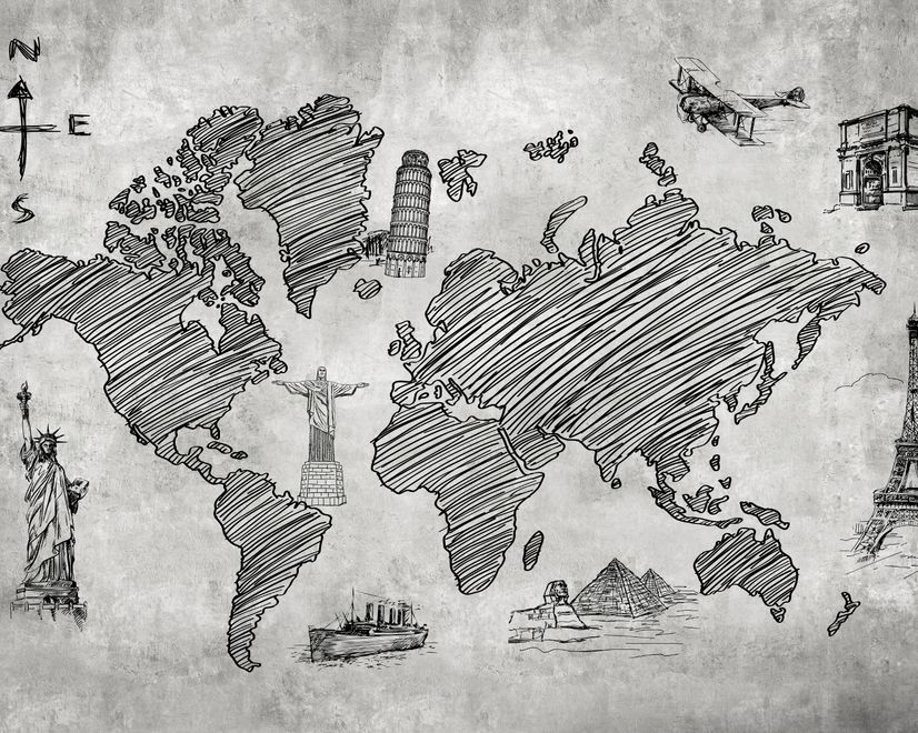 Monochrome World Map Wallpaper Mural