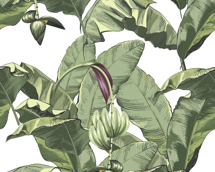Green Tropical Bananana Leaves with Calla Lily Flowers Wallpaper Mural
