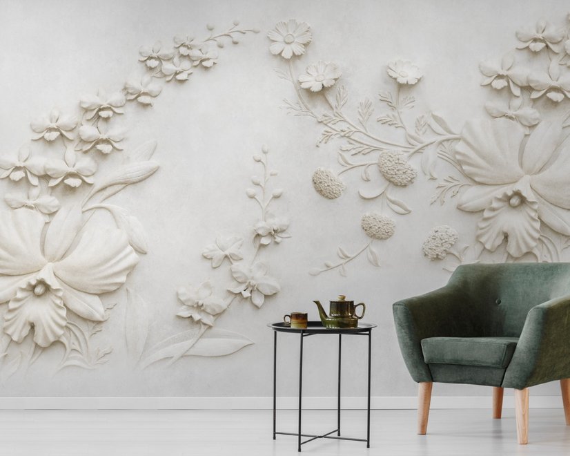 3D Embossed Look Cement Lily Flower Wallpaper Mural