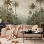 Misty tropical forest wallpaper with palms, pale river and hazy hills in muted green sepia