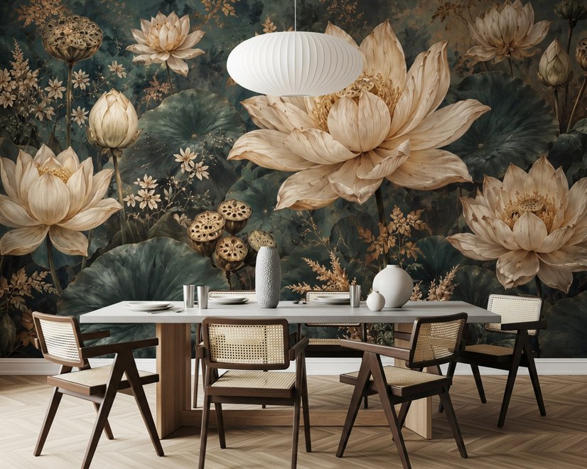 Ivory lotus flowers and seed pods on charcoal teal lily pads in a botanical lotus wallpaper mural