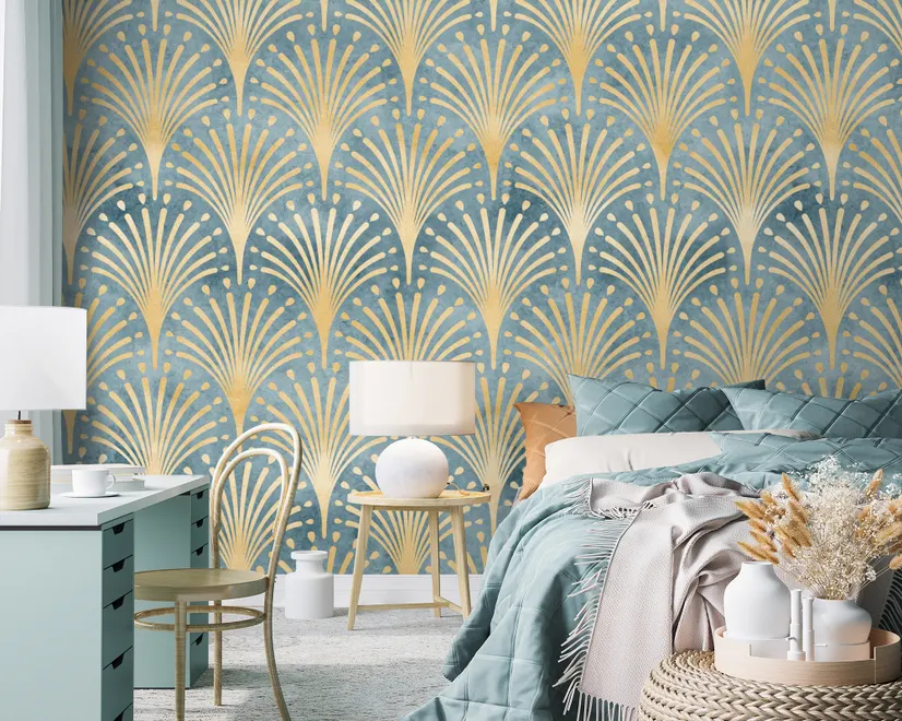 Modern Eau De Nil Art Deco Gold Lines Wallpaper Mural