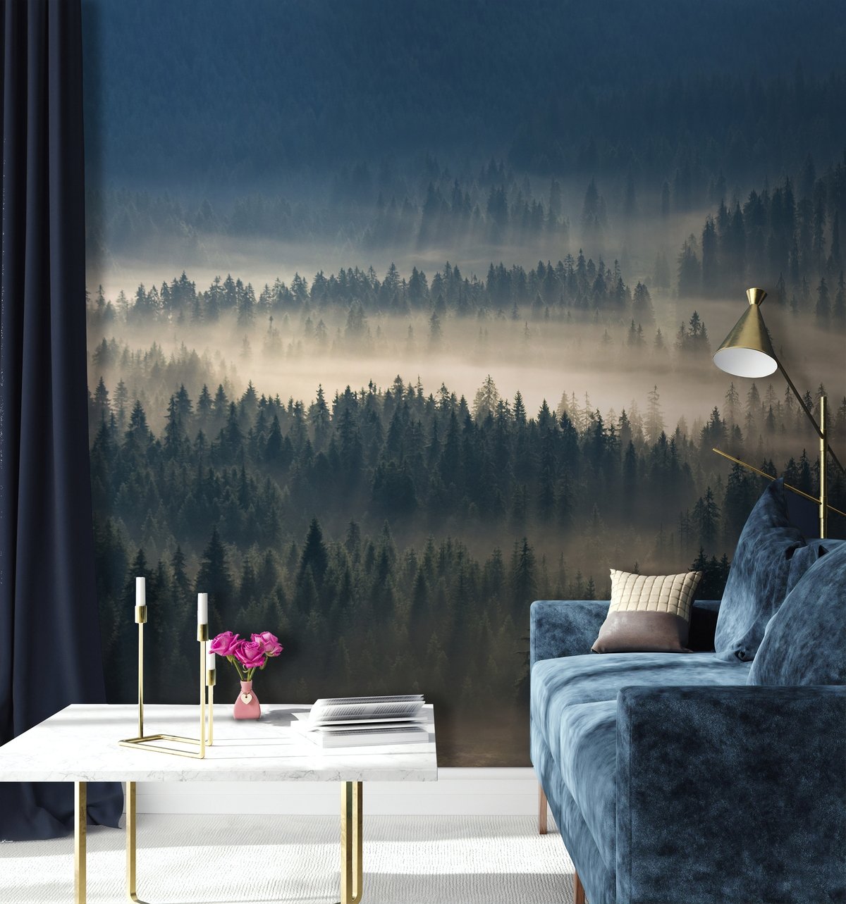 Foggy Pine Woods Landscape Wallpaper Mural - Peel and Stick