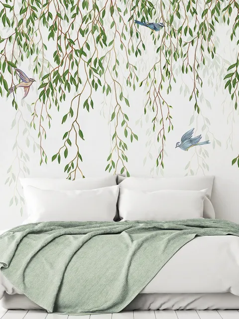 Green Hanging Leaves with Colorful Birds Wallpaper Mural