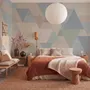 Pastel abstract wallpaper with overlapping sky blue, blush, cream, sage and grey textured triangles