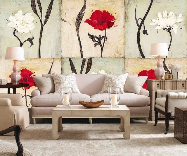 Vintage Red White Floral Wallpaper Mural - Peel and Stick