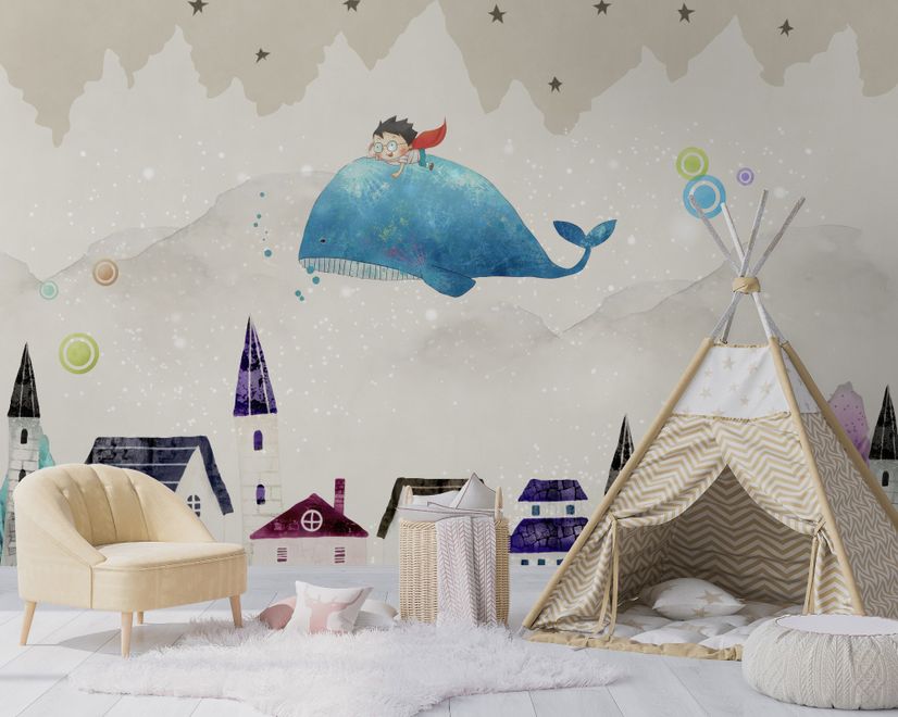 Cartoon Village and Little Child on the Flying Whale Wallpaper Mural