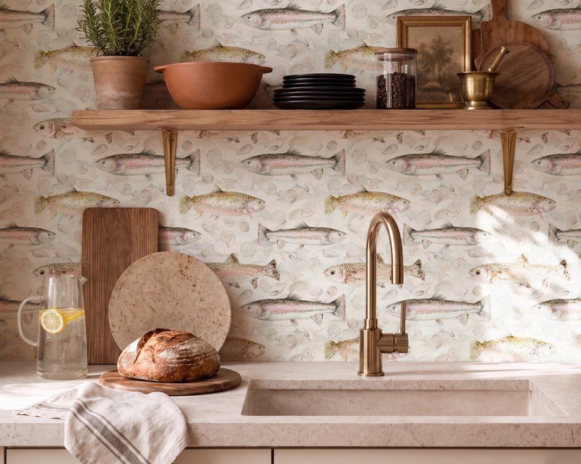 Watercolor fish wallpaper with trout, seashells and pale aqua washes on a warm cream ground