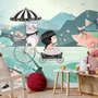 Papier peint panoramique dessin animé petite fille avec chat et lotus rose pour chambre de filles