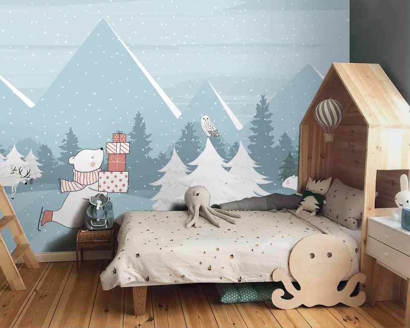 Papier peint panoramique ours blanc patineur sur la forêt enneigée d'hiver
