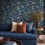 Aquarium fish tank wallpaper repeat with tropical fish, coral, seaweed, shells and bubbles on deep navy blue