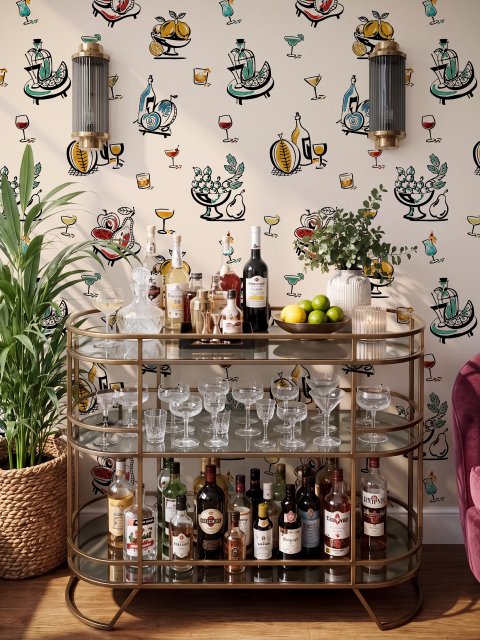 Bar area wallpaper with hand drawn cocktails, liquor bottles, citrus and fruit bowls on warm cream