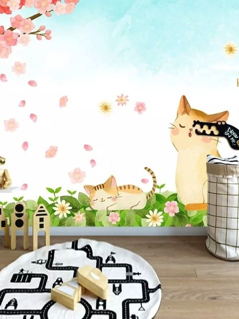 Papier peint panoramique chats de dessin animé et fleurs de cerisier