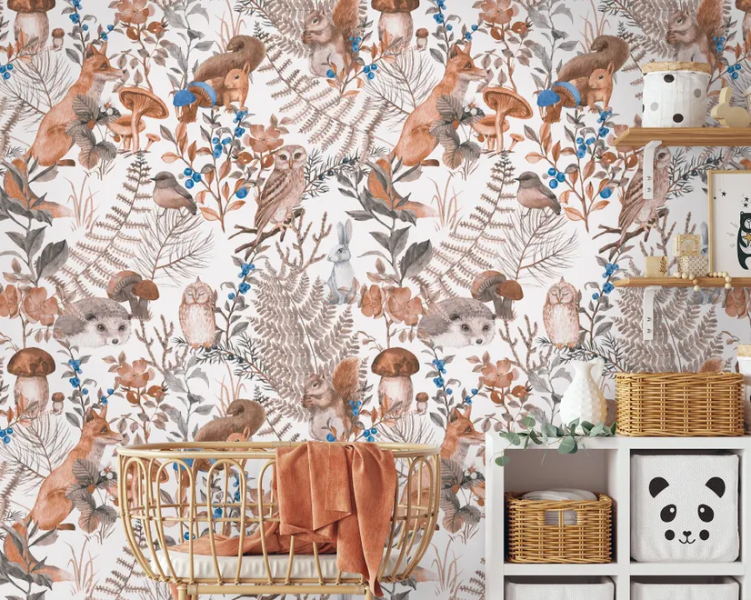 Watercolor Cute Kids Forest Animals in Forest Wallpaper Mural