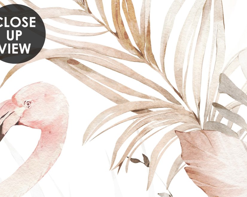 Papier peint art flamant doux avec boho tropical à feuilles