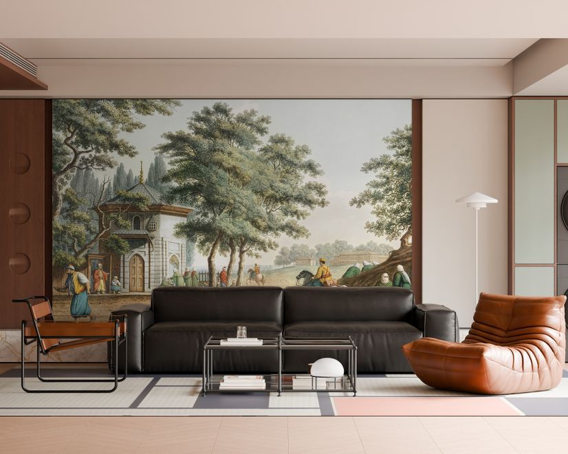Vintage Rural Landscape with Village Folk Wallpaper Mural