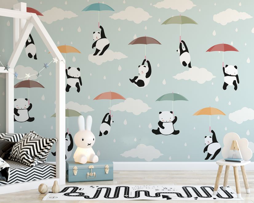 Kids Pandas With Colorful Umbrella Wallpaper Mural